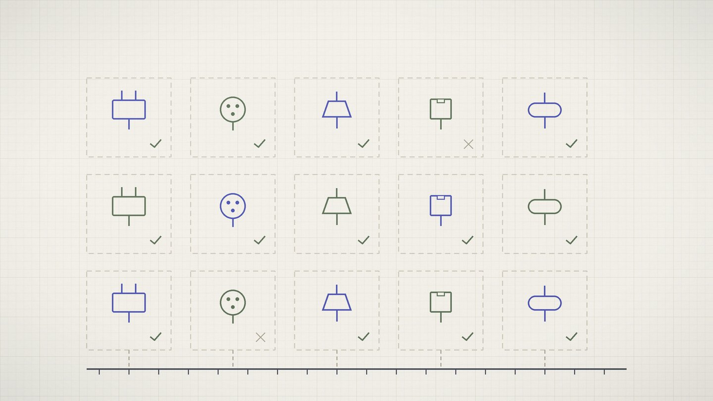 Drafting style diagram of a charging kit audit with cable outlines, port symbols, and scale readings on a graph paper grid