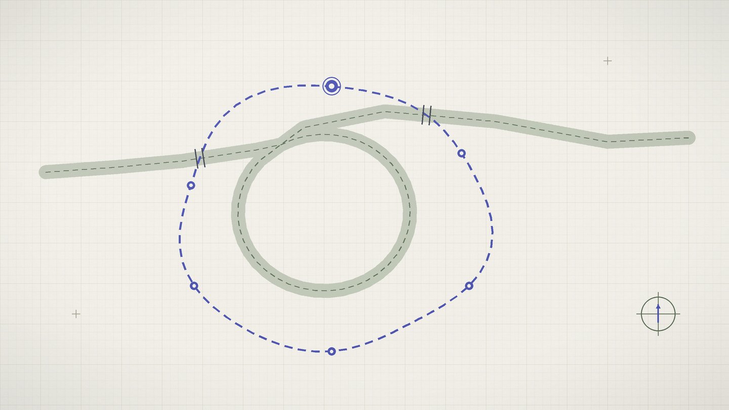 Drafting style plate of a river loop route with three anchor markers, waypoint dots, and a buffer scale on a graph paper grid
