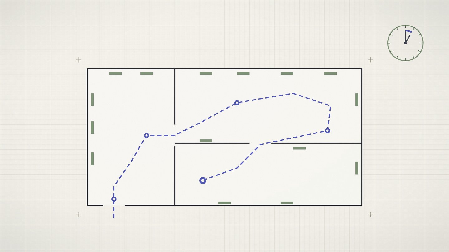 Drafting style plate of a museum floor plan with a reversed route line, timing marks, and waypoint dots