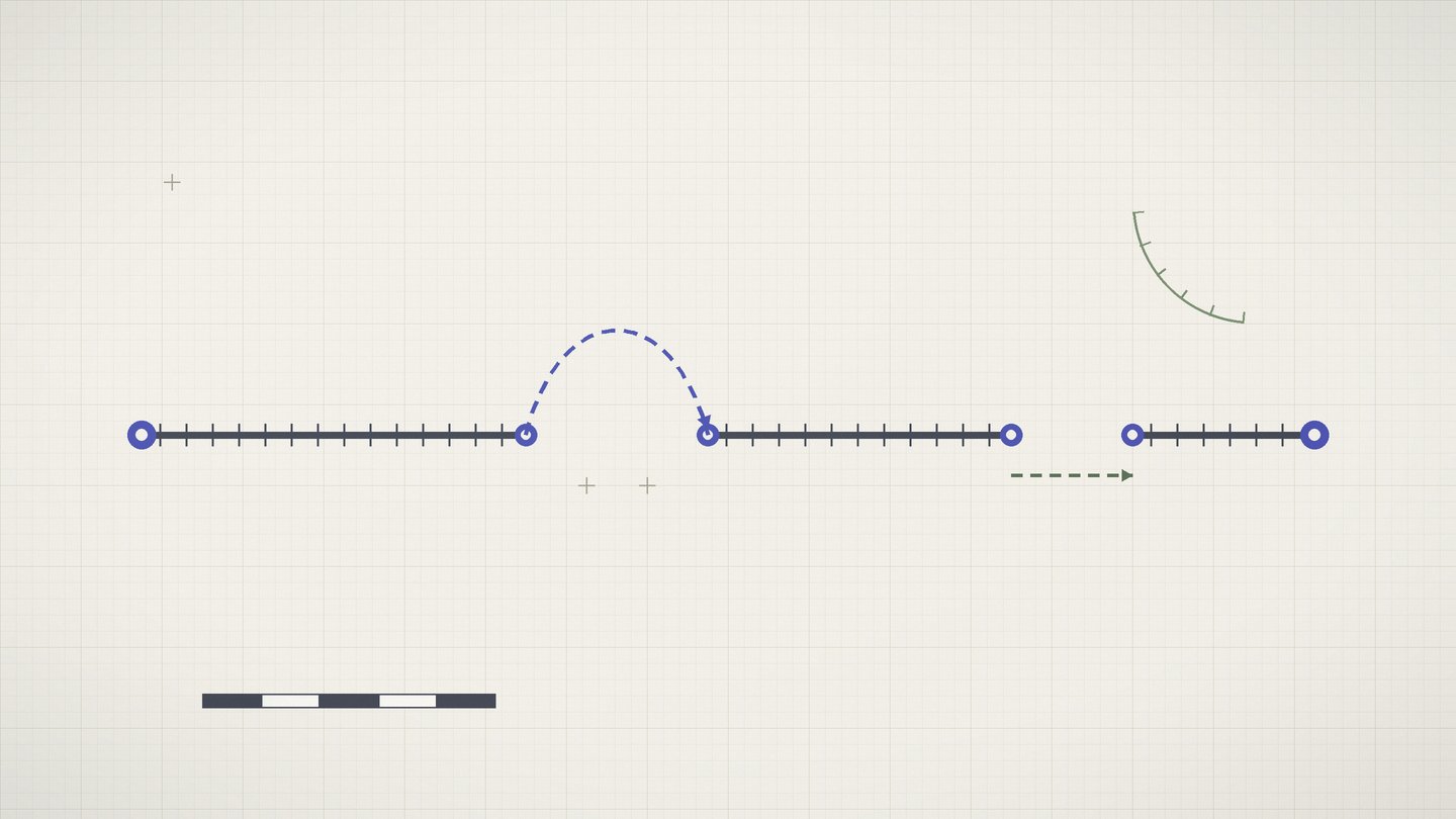 Schematic route diagram on a graph paper grid, with solid bus segments and dotted walking gaps linking waypoint dots in iris and sage