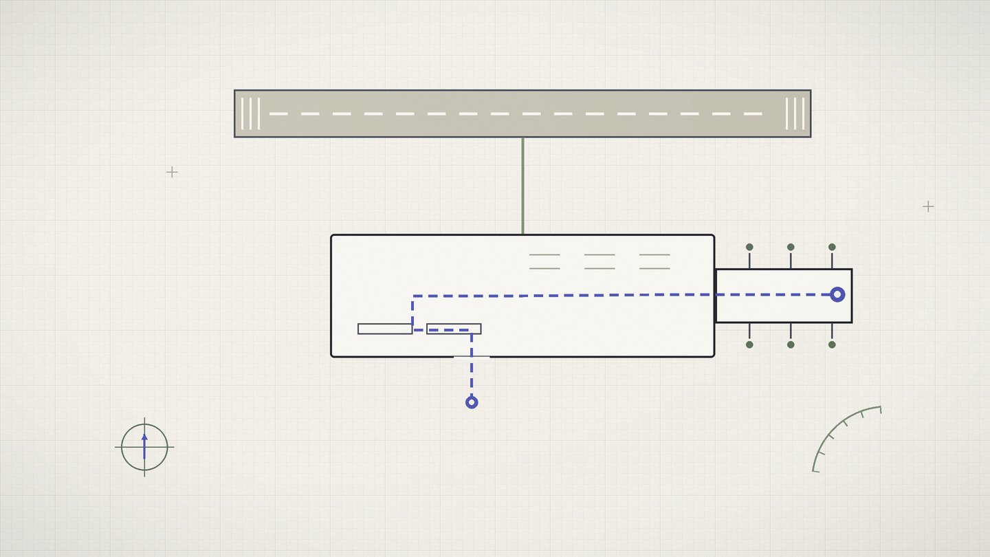 Drafting style plate of a small terminal floor plan with a timing scale, a route line, and waypoint dots
